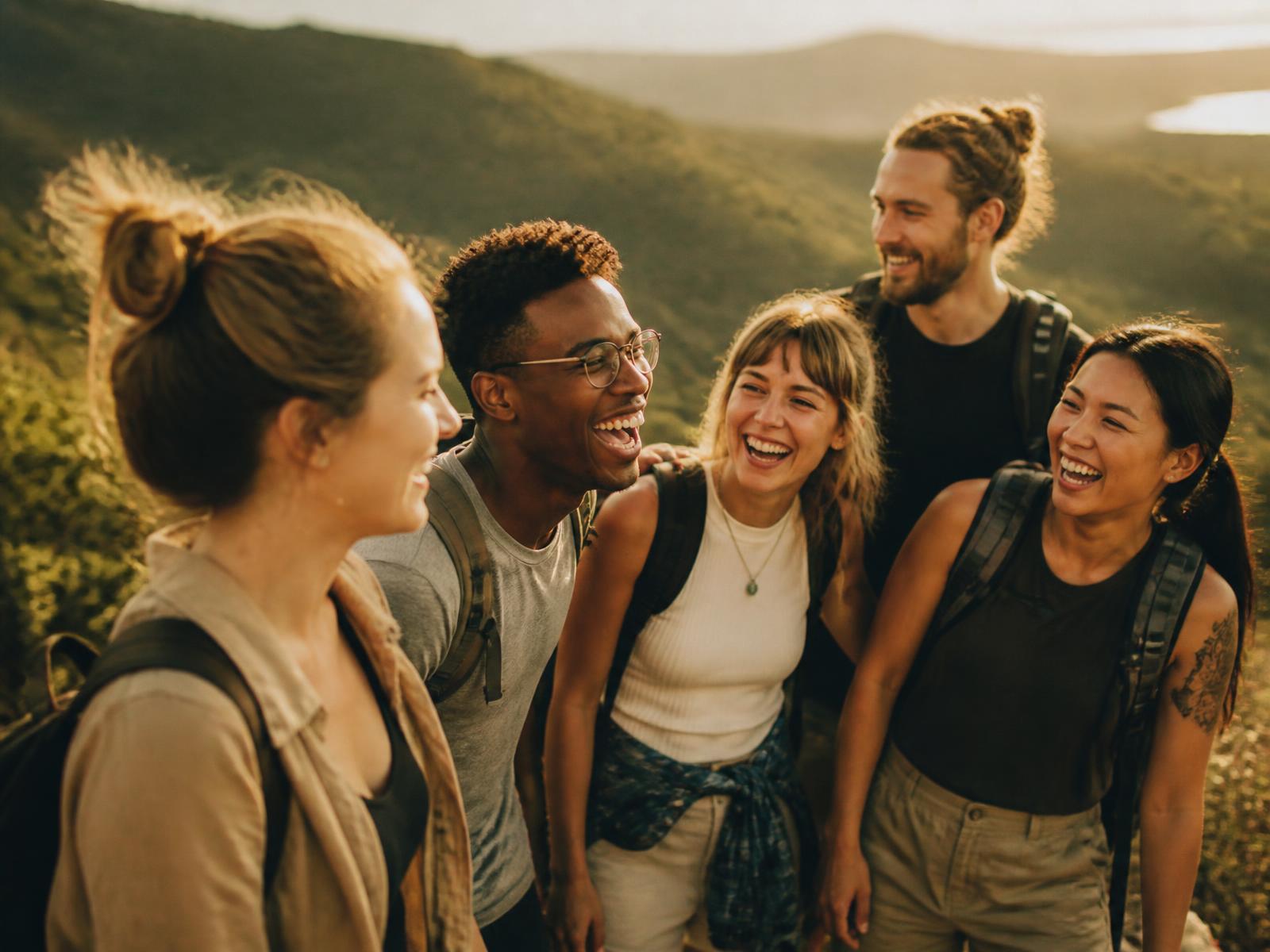 Gruppe von Freunden lacht gemeinsam bei einer Wanderung in der Natur